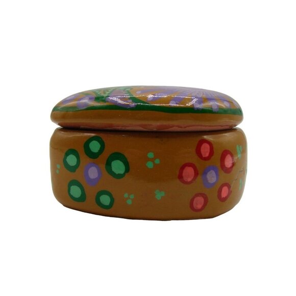 Pottery Terracotta Heart Shaped Trinket Keepsake Box Handpainted Bird Taxco Mexi - Picture 3 of 12